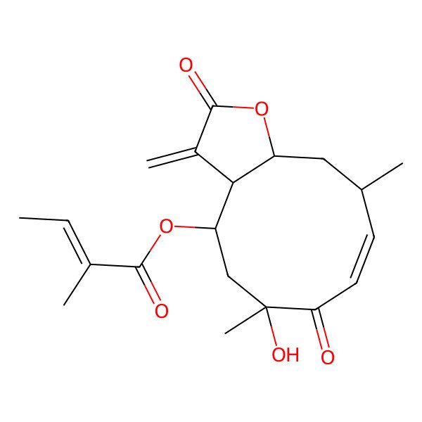 2D Structure of (6-Hydroxy-6,10-dimethyl-3-methylidene-2,7-dioxo-3a,4,5,10,11,11a-hexahydrocyclodeca[b]furan-4-yl) 2-methylbut-2-enoate