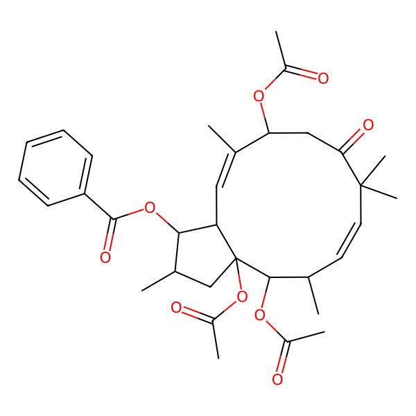 2D Structure of [(1R,2R,3aS,4R,5S,6Z,11S,12E,13aS)-3a,4,11-triacetyloxy-2,5,8,8,12-pentamethyl-9-oxo-1,2,3,4,5,10,11,13a-octahydrocyclopenta[12]annulen-1-yl] benzoate