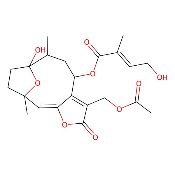 2D Structure of [(1R,2E,8S,10R,11S)-6-(acetyloxymethyl)-11-hydroxy-1,10-dimethyl-5-oxo-4,14-dioxatricyclo[9.2.1.03,7]tetradeca-2,6-dien-8-yl] (E)-4-hydroxy-2-methylbut-2-enoate