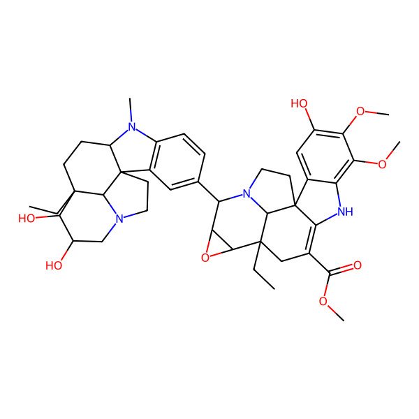 2D Structure of methyl (1R,12S,13S,15R,16R,20R)-12-ethyl-16-[(1R,9S,12S,13S,14S,19R)-12-ethyl-13,14-dihydroxy-8-methyl-8,16-diazapentacyclo[10.6.1.01,9.02,7.016,19]nonadeca-2(7),3,5-trien-4-yl]-4-hydroxy-5,6-dimethoxy-14-oxa-8,17-diazahexacyclo[10.7.1.01,9.02,7.013,15.017,20]icosa-2,4,6,9-tetraene-10-carboxylate