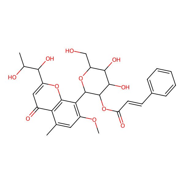 2D Structure of [(2S,3R,4S,5S,6R)-2-[2-[(1R,2S)-1,2-dihydroxypropyl]-7-methoxy-5-methyl-4-oxochromen-8-yl]-4,5-dihydroxy-6-(hydroxymethyl)oxan-3-yl] (E)-3-phenylprop-2-enoate
