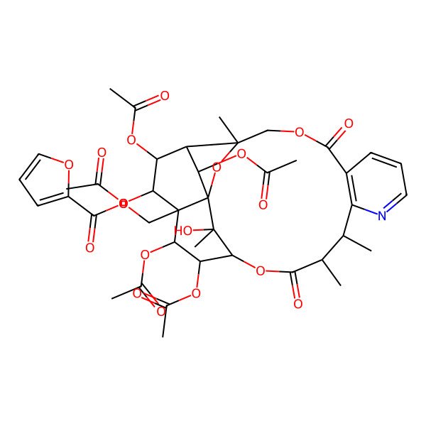 2D Structure of (18,19,21,22,24-Pentaacetyloxy-25-hydroxy-3,13,14,25-tetramethyl-6,15-dioxo-2,5,16-trioxa-11-azapentacyclo[15.7.1.01,20.03,23.07,12]pentacosa-7(12),8,10-trien-20-yl)methyl furan-2-carboxylate