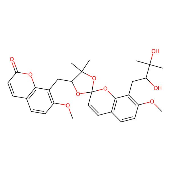 2D Structure of 8-[[8'-(2,3-Dihydroxy-3-methylbutyl)-7'-methoxy-5,5-dimethylspiro[1,3-dioxolane-2,2'-chromene]-4-yl]methyl]-7-methoxychromen-2-one