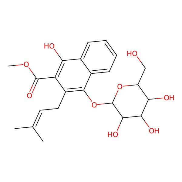 2D Structure of methyl 1-hydroxy-3-(3-methylbut-2-enyl)-4-[(2S,3R,4S,5S,6R)-3,4,5-trihydroxy-6-(hydroxymethyl)oxan-2-yl]oxynaphthalene-2-carboxylate