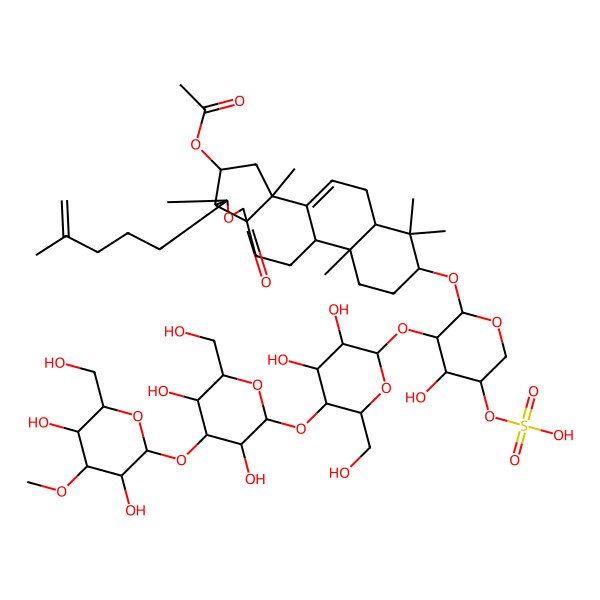 2D Structure of [(2S,4S,5R,6S,9S,12R,13R,16S,18R)-16-[(2R,3S,4S,5R)-3-[(2S,3R,4R,5R,6R)-5-[(2S,3R,4S,5R,6R)-4-[(2S,3R,4S,5R,6R)-3,5-dihydroxy-6-(hydroxymethyl)-4-methoxyoxan-2-yl]oxy-3,5-dihydroxy-6-(hydroxymethyl)oxan-2-yl]oxy-3,4-dihydroxy-6-(hydroxymethyl)oxan-2-yl]oxy-4-hydroxy-5-sulfooxyoxan-2-yl]oxy-2,6,13,17,17-pentamethyl-6-(4-methylpent-4-enyl)-8-oxo-7-oxapentacyclo[10.8.0.02,9.05,9.013,18]icos-1(20)-en-4-yl] acetate