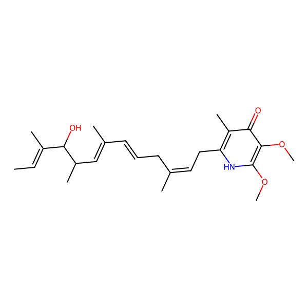 2D Structure of 2-(10-hydroxy-3,7,9,11-tetramethyltrideca-2,5,7,11-tetraenyl)-5,6-dimethoxy-3-methyl-1H-pyridin-4-one