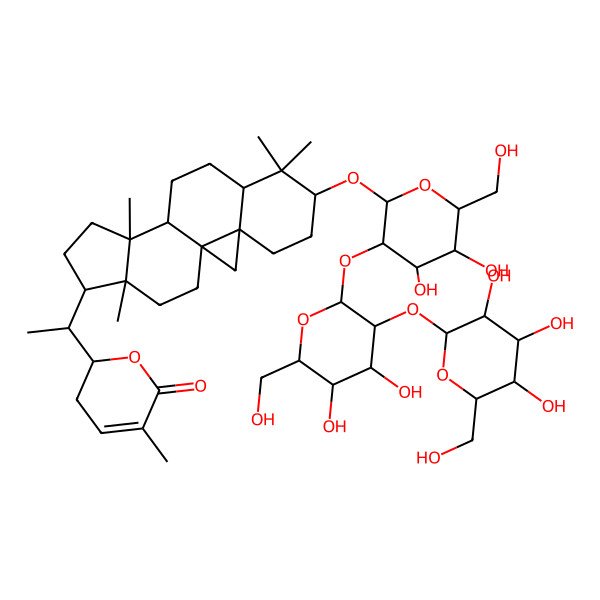 2D Structure of (2R)-2-[(1S)-1-[(1S,3R,6S,8R,11S,12S,15R,16R)-6-[(2R,3R,4S,5S,6R)-3-[(2S,3R,4S,5S,6R)-4,5-dihydroxy-6-(hydroxymethyl)-3-[(2S,3R,4S,5S,6R)-3,4,5-trihydroxy-6-(hydroxymethyl)oxan-2-yl]oxyoxan-2-yl]oxy-4,5-dihydroxy-6-(hydroxymethyl)oxan-2-yl]oxy-7,7,12,16-tetramethyl-15-pentacyclo[9.7.0.01,3.03,8.012,16]octadecanyl]ethyl]-5-methyl-2,3-dihydropyran-6-one