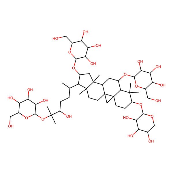 2D Structure of 2-(Hydroxymethyl)-6-[[15-[5-hydroxy-6-methyl-6-[3,4,5-trihydroxy-6-(hydroxymethyl)oxan-2-yl]oxyheptan-2-yl]-7,7,12,16-tetramethyl-14-[3,4,5-trihydroxy-6-(hydroxymethyl)oxan-2-yl]oxy-6-(3,4,5-trihydroxyoxan-2-yl)oxy-9-pentacyclo[9.7.0.01,3.03,8.012,16]octadecanyl]oxy]oxane-3,4,5-triol