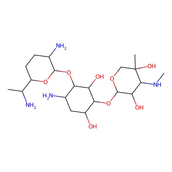 2D Structure of (2S,3R,4S,5S)-2-[(1R,2S,3R,4S,6R)-4-amino-3-[(2S,3R,6R)-3-amino-6-[(1S)-1-aminoethyl]oxan-2-yl]oxy-2,6-dihydroxycyclohexyl]oxy-5-methyl-4-(methylamino)oxane-3,5-diol
