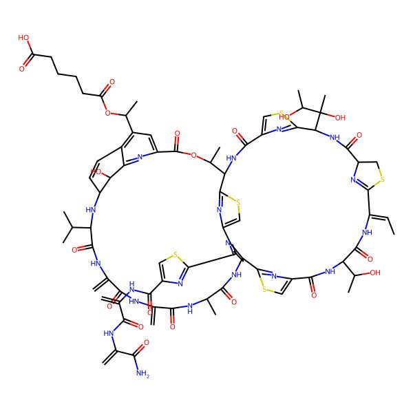 2D Structure of 6-[1-[(11E)-51-[4-[[3-[(3-amino-3-oxoprop-1-en-2-yl)amino]-3-oxoprop-1-en-2-yl]carbamoyl]-1,3-thiazol-2-yl]-18-(2,3-dihydroxybutan-2-yl)-11-ethylidene-59-hydroxy-8-(1-hydroxyethyl)-26,46-dimethyl-40,43-dimethylidene-6,9,16,23,28,38,41,44,47-nonaoxo-37-propan-2-yl-27-oxa-3,13,20,56-tetrathia-7,10,17,24,36,39,42,45,48,52,58,61,62,63,64-pentadecazanonacyclo[23.23.9.329,35.12,5.112,15.119,22.154,57.01,53.032,60]tetrahexaconta-2(64),4,12(63),19(62),21,29(61),30,32(60),33,51,54,57-dodecaen-31-yl]ethoxy]-6-oxohexanoic acid