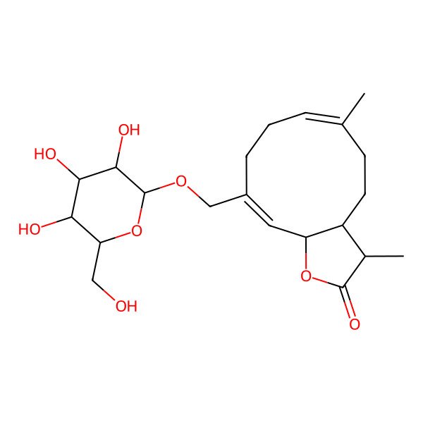 2D Structure of (3R,3aR,6Z,10E,11aS)-3,6-dimethyl-10-[[(2R,3S,4S,5S,6R)-3,4,5-trihydroxy-6-(hydroxymethyl)oxan-2-yl]oxymethyl]-3a,4,5,8,9,11a-hexahydro-3H-cyclodeca[b]furan-2-one