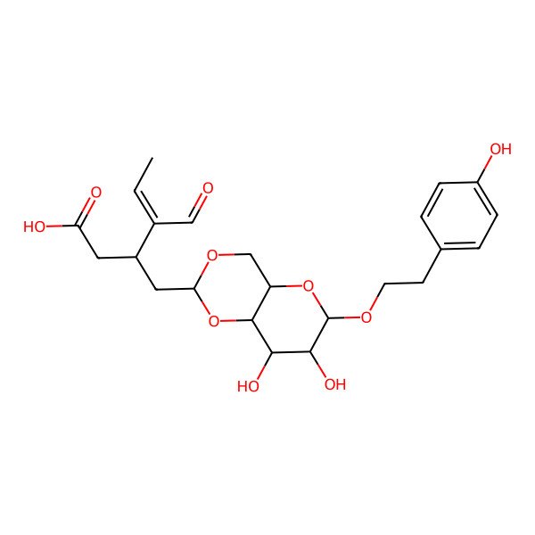 2D Structure of (E,3R)-3-[[(2R,4aR,6R,7R,8R,8aS)-7,8-dihydroxy-6-[2-(4-hydroxyphenyl)ethoxy]-4,4a,6,7,8,8a-hexahydropyrano[3,2-d][1,3]dioxin-2-yl]methyl]-4-formylhex-4-enoic acid