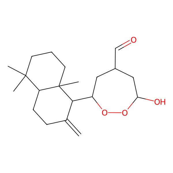 2D Structure of 3-(5,5,8a-trimethyl-2-methylidene-3,4,4a,6,7,8-hexahydro-1H-naphthalen-1-yl)-7-hydroxydioxepane-5-carbaldehyde