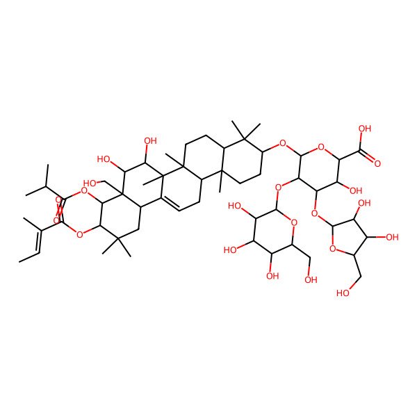 2D Structure of (2S,3S,4S,5R,6R)-6-[[(3S,4aR,6aR,6bS,7R,8S,8aR,9R,10R,12aS,14aR,14bR)-7,8-dihydroxy-8a-(hydroxymethyl)-4,4,6a,6b,11,11,14b-heptamethyl-10-[(E)-2-methylbut-2-enoyl]oxy-9-(2-methylpropanoyloxy)-1,2,3,4a,5,6,7,8,9,10,12,12a,14,14a-tetradecahydropicen-3-yl]oxy]-4-[(2S,3R,4R,5S)-3,4-dihydroxy-5-(hydroxymethyl)oxolan-2-yl]oxy-3-hydroxy-5-[(2S,3R,4S,5R,6R)-3,4,5-trihydroxy-6-(hydroxymethyl)oxan-2-yl]oxyoxane-2-carboxylic acid