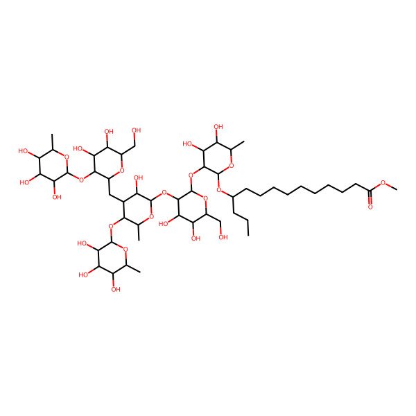 2D Structure of methyl 11-[(2R,3R,4S,5S,6R)-3-[(2S,3R,4S,5S,6R)-3-[(2S,3R,4S,5R,6S)-4-[[(2S,3R,4S,5S,6R)-4,5-dihydroxy-6-(hydroxymethyl)-3-[(2S,3R,4S,5S,6R)-3,4,5-trihydroxy-6-methyloxan-2-yl]oxyoxan-2-yl]methyl]-3-hydroxy-6-methyl-5-[(2S,3R,4S,5R,6R)-3,4,5-trihydroxy-6-methyloxan-2-yl]oxyoxan-2-yl]oxy-4,5-dihydroxy-6-(hydroxymethyl)oxan-2-yl]oxy-4,5-dihydroxy-6-methyloxan-2-yl]oxytetradecanoate