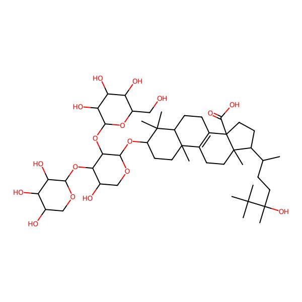 2D Structure of (3S,5R,10S,13R,14S,17R)-3-[(2S,3R,4S,5S)-5-hydroxy-3-[(2S,3R,4S,5R,6R)-3,4,5-trihydroxy-6-(hydroxymethyl)oxan-2-yl]oxy-4-[(2S,3R,4S,5R)-3,4,5-trihydroxyoxan-2-yl]oxyoxan-2-yl]oxy-17-[(2R,5R)-5-hydroxy-5,6,6-trimethylheptan-2-yl]-4,4,10,13-tetramethyl-2,3,5,6,7,11,12,15,16,17-decahydro-1H-cyclopenta[a]phenanthrene-14-carboxylic acid