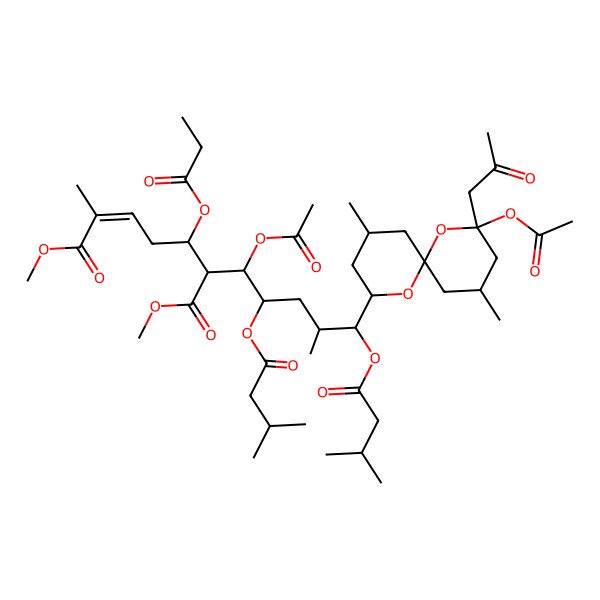 2D Structure of dimethyl (E,5S,6S)-6-[(1R,2R,4S,5S)-1-acetyloxy-5-[(2R,4S,6S,8S,10S)-2-acetyloxy-4,10-dimethyl-2-(2-oxopropyl)-1,7-dioxaspiro[5.5]undecan-8-yl]-4-methyl-2,5-bis(3-methylbutanoyloxy)pentyl]-2-methyl-5-propanoyloxyhept-2-enedioate