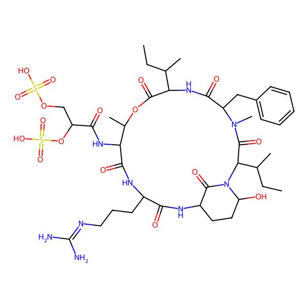 2D Structure of [1-[[5-Benzyl-2,8-di(butan-2-yl)-15-[3-(diaminomethylideneamino)propyl]-21-hydroxy-4,11-dimethyl-3,6,9,13,16,22-hexaoxo-10-oxa-1,4,7,14,17-pentazabicyclo[16.3.1]docosan-12-yl]amino]-1-oxo-3-sulfooxypropan-2-yl] hydrogen sulfate