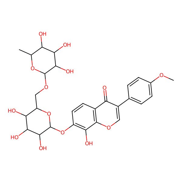 2D Structure of 8-hydroxy-3-(4-methoxyphenyl)-7-[(2S,3R,4S,5R,6R)-3,4,5-trihydroxy-6-[[(2S,3R,4S,5S,6R)-3,4,5-trihydroxy-6-methyloxan-2-yl]oxymethyl]oxan-2-yl]oxychromen-4-one