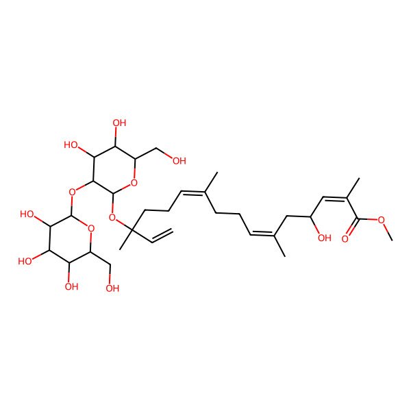 2D Structure of methyl (2E,4R,6E,10E,14S)-14-[(2S,3R,4S,5S,6R)-4,5-dihydroxy-6-(hydroxymethyl)-3-[(2S,3R,4S,5S,6R)-3,4,5-trihydroxy-6-(hydroxymethyl)oxan-2-yl]oxyoxan-2-yl]oxy-4-hydroxy-2,6,10,14-tetramethylhexadeca-2,6,10,15-tetraenoate