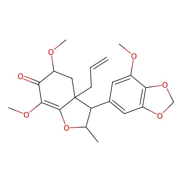 2D Structure of 5,7-Dimethoxy-3-(7-methoxy-1,3-benzodioxol-5-yl)-2-methyl-3a-prop-2-enyl-2,3,4,5-tetrahydro-1-benzofuran-6-one