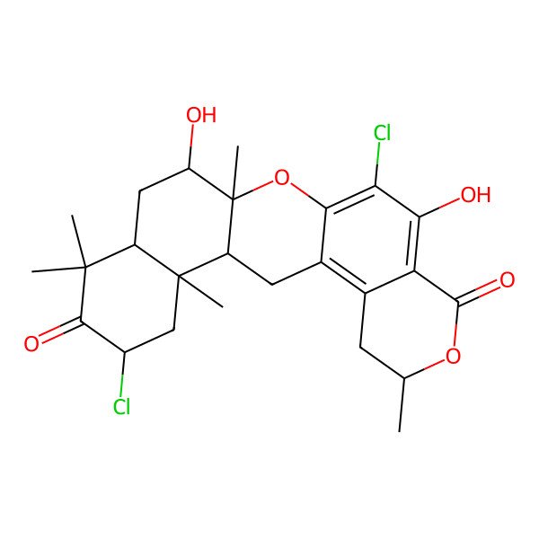 2D Structure of 11,20-Dichloro-10,15-dihydroxy-6,14,18,18,22-pentamethyl-7,13-dioxapentacyclo[12.8.0.03,12.04,9.017,22]docosa-3,9,11-triene-8,19-dione
