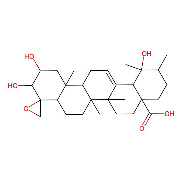 2D Structure of (1R,2R,4aS,6aR,6aS,6bR,8aR,9R,10R,11R,12aR,14bS)-1,10,11-trihydroxy-1,2,6a,6b,12a-pentamethylspiro[2,3,4,5,6,6a,7,8,8a,10,11,12,13,14b-tetradecahydropicene-9,2'-oxirane]-4a-carboxylic acid