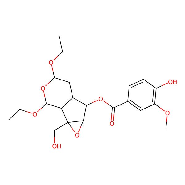 2D Structure of [(1S,2S,4S,5S,6R,8S,10R)-8,10-diethoxy-2-(hydroxymethyl)-3,9-dioxatricyclo[4.4.0.02,4]decan-5-yl] 4-hydroxy-3-methoxybenzoate