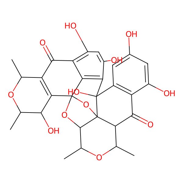 2D Structure of (1R,3S,4R,5R,7R,8S,16S,24R,26R,27S)-11,13,16,18,20,27-hexahydroxy-5,7,24,26-tetramethyl-2,6,25,30-tetraoxaoctacyclo[15.11.1.11,4.03,8.03,16.010,15.021,29.023,28]triaconta-10(15),11,13,17,19,21(29),23(28)-heptaene-9,22-dione