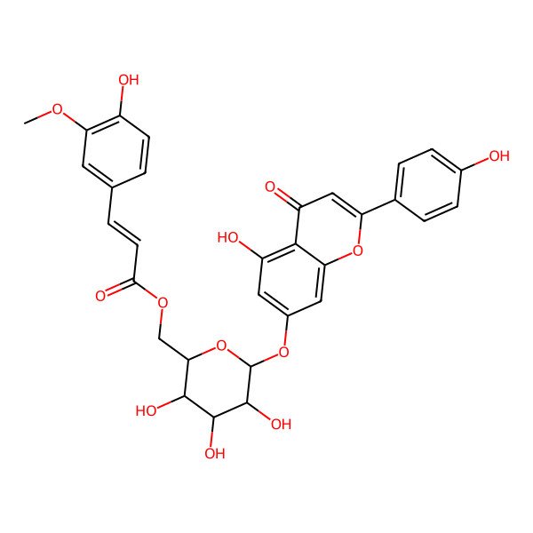 2D Structure of [(2R,3S,4S,5R,6S)-3,4,5-trihydroxy-6-[5-hydroxy-2-(4-hydroxyphenyl)-4-oxochromen-7-yl]oxyoxan-2-yl]methyl (E)-3-(4-hydroxy-3-methoxyphenyl)prop-2-enoate