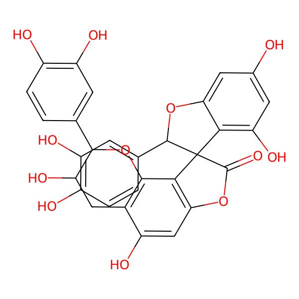 2D Structure of 2,2'-bis(3,4-dihydroxyphenyl)-3',4,5',6-tetrahydroxyspiro[2H-1-benzofuran-3,9'-3,4-dihydro-2H-furo[2,3-h]chromene]-8'-one