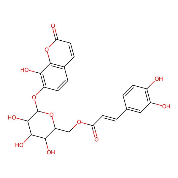 2D Structure of [(2R,3S,4S,5R,6S)-3,4,5-trihydroxy-6-(8-hydroxy-2-oxochromen-7-yl)oxyoxan-2-yl]methyl (E)-3-(3,4-dihydroxyphenyl)prop-2-enoate