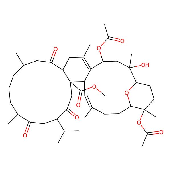 2D Structure of methyl (1S,2R,4R,8R,11R,15S,18R,21R,22R,23E,27R,28S)-4,28-diacetyloxy-2-hydroxy-2,6,11,15,24,28-hexamethyl-9,16,19-trioxo-18-propan-2-yl-31-oxatetracyclo[25.3.1.05,22.08,21]hentriaconta-5,23-diene-21-carboxylate