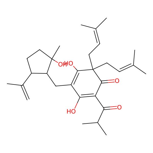 2D Structure of 3,5-Dihydroxy-4-[(2-hydroxy-2-methyl-5-prop-1-en-2-ylcyclopentyl)methyl]-6,6-bis(3-methylbut-2-enyl)-2-(2-methylpropanoyl)cyclohexa-2,4-dien-1-one