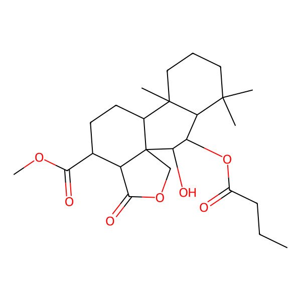2D Structure of methyl (1R,2S,3R,4S,9R,10R,13R,14R)-3-butanoyloxy-2-hydroxy-5,5,9-trimethyl-15-oxo-16-oxatetracyclo[8.7.0.01,14.04,9]heptadecane-13-carboxylate
