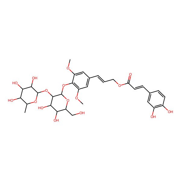 2D Structure of [(E)-3-[4-[(2S,3R,4S,5S,6R)-4,5-dihydroxy-6-(hydroxymethyl)-3-[(2S,3R,4R,5R,6S)-3,4,5-trihydroxy-6-methyloxan-2-yl]oxyoxan-2-yl]oxy-3,5-dimethoxyphenyl]prop-2-enyl] (E)-3-(3,4-dihydroxyphenyl)prop-2-enoate
