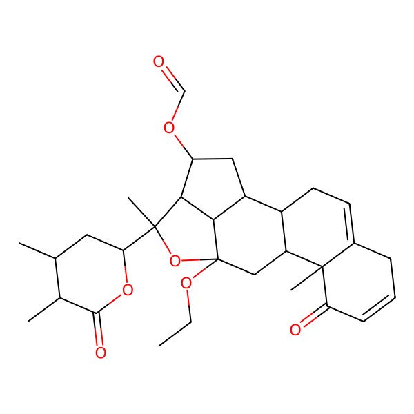 2D Structure of [(1S,2S,10R,11S,13R,15R,16R,17S,19R)-15-[(4S,5R)-4,5-dimethyl-6-oxooxan-2-yl]-13-ethoxy-10,15-dimethyl-9-oxo-14-oxapentacyclo[11.5.1.02,11.05,10.016,19]nonadeca-4,7-dien-17-yl] formate