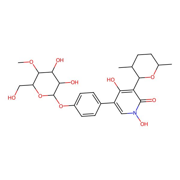 2D Structure of 5-[4-[3,4-Dihydroxy-6-(hydroxymethyl)-5-methoxyoxan-2-yl]oxyphenyl]-3-(3,6-dimethyloxan-2-yl)-1,4-dihydroxypyridin-2-one