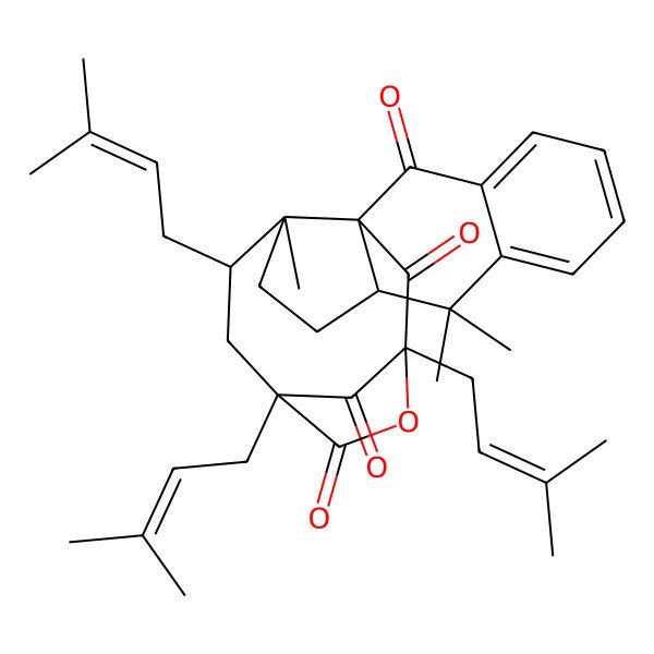 2D Structure of (1S,3R,12R,15R,16S,18R)-11,11,15-trimethyl-1,16,18-tris(3-methylbut-2-enyl)-20-oxapentacyclo[16.2.1.03,12.03,15.05,10]henicosa-5,7,9-triene-2,4,19,21-tetrone