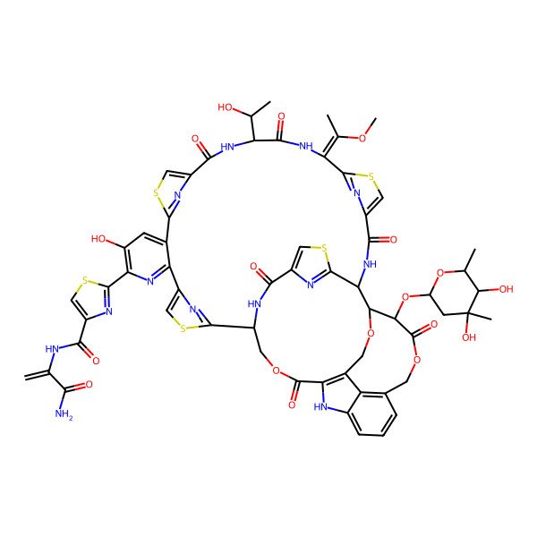 2D Structure of N-(3-amino-3-oxoprop-1-en-2-yl)-2-[(1S,18S,21E,28S,29S,30S)-30-[(2S,4S,5S,6S)-4,5-dihydroxy-4,6-dimethyloxan-2-yl]oxy-9-hydroxy-18-[(1R)-1-hydroxyethyl]-21-(1-methoxyethylidene)-16,19,26,31,42,46-hexaoxo-32,43,54-trioxa-3,13,23,49-tetrathia-7,17,20,27,45,51,52,55,56,57-decazadecacyclo[26.16.6.229,40.12,5.112,15.122,25.138,41.147,50.06,11.034,39]heptapentaconta-2(57),4,6,8,10,12(56),14,22(55),24,34(39),35,37,40,47,50-pentadecaen-8-yl]-1,3-thiazole-4-carboxamide