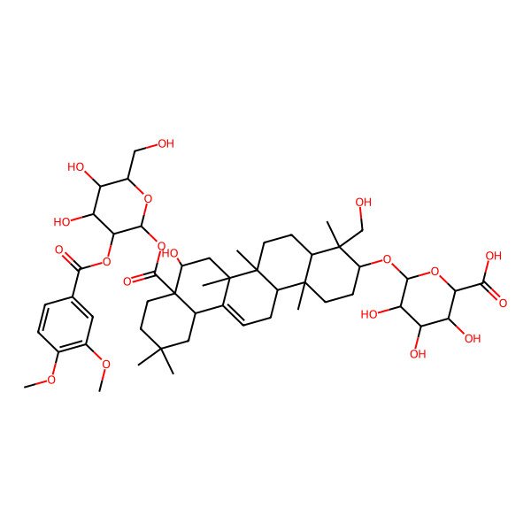 2D Structure of (2S,3S,4S,5R,6R)-6-[[(3S,4R,4aR,6aR,6bS,8R,8aR,12aS,14aR,14bR)-8a-[(2S,3R,4S,5R,6R)-3-(3,4-dimethoxybenzoyl)oxy-4,5-dihydroxy-6-(hydroxymethyl)oxan-2-yl]oxycarbonyl-8-hydroxy-4-(hydroxymethyl)-4,6a,6b,11,11,14b-hexamethyl-1,2,3,4a,5,6,7,8,9,10,12,12a,14,14a-tetradecahydropicen-3-yl]oxy]-3,4,5-trihydroxyoxane-2-carboxylic acid