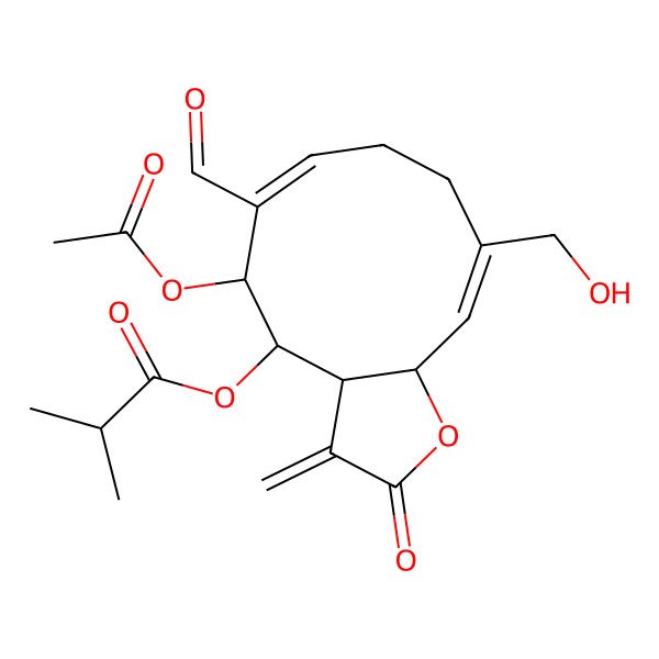 2D Structure of [(3aS,4S,5S,6E,10Z,11aR)-5-acetyloxy-6-formyl-10-(hydroxymethyl)-3-methylidene-2-oxo-3a,4,5,8,9,11a-hexahydrocyclodeca[b]furan-4-yl] 2-methylpropanoate