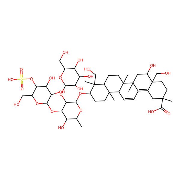 2D Structure of (2S,4aS,5R,6aR,6aS,6bR,8aR,9R,10S,12aS)-10-[(2R,3R,4S,5S,6R)-4-[(2S,3R,4R,5S,6R)-3,4-dihydroxy-6-(hydroxymethyl)-5-sulfooxyoxan-2-yl]oxy-5-hydroxy-6-methyl-3-[(2S,3R,4S,5S,6R)-3,4,5-trihydroxy-6-(hydroxymethyl)oxan-2-yl]oxyoxan-2-yl]oxy-5-hydroxy-4a,9-bis(hydroxymethyl)-2,6a,6b,9,12a-pentamethyl-1,3,4,5,6,6a,7,8,8a,10,11,12-dodecahydropicene-2-carboxylic acid