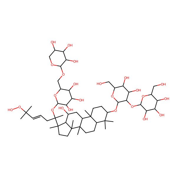 2D Structure of (2S,3R,4S,5S,6R)-2-[(2R,3R,4S,5S,6R)-2-[[(3S,5R,8R,9R,10R,12R,13S,14R,17S)-17-[(E,2S)-6-hydroperoxy-6-methyl-2-[(2S,3R,4S,5S,6R)-3,4,5-trihydroxy-6-[[(2S,3R,4S,5R)-3,4,5-trihydroxyoxan-2-yl]oxymethyl]oxan-2-yl]oxyhept-4-en-2-yl]-12-hydroxy-4,4,8,10,14,17-hexamethyl-1,2,3,5,6,7,9,11,12,13,15,16-dodecahydrocyclopenta[a]phenanthren-3-yl]oxy]-4,5-dihydroxy-6-(hydroxymethyl)oxan-3-yl]oxy-6-(hydroxymethyl)oxane-3,4,5-triol