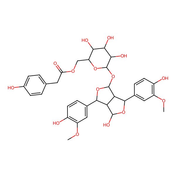2D Structure of [(2R,3S,4S,5R,6S)-6-[[(1S,3R,3aS,4S,6S,6aS)-3-hydroxy-1,4-bis(4-hydroxy-3-methoxyphenyl)-1,3,3a,4,6,6a-hexahydrofuro[3,4-c]furan-6-yl]oxy]-3,4,5-trihydroxyoxan-2-yl]methyl 2-(4-hydroxyphenyl)acetate