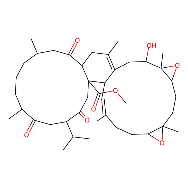 2D Structure of Methyl 20-hydroxy-8,12,17,21,26,31-hexamethyl-4,7,14-trioxo-5-propan-2-yl-22,27-dioxapentacyclo[16.14.0.02,15.021,23.026,28]dotriaconta-17,31-diene-2-carboxylate