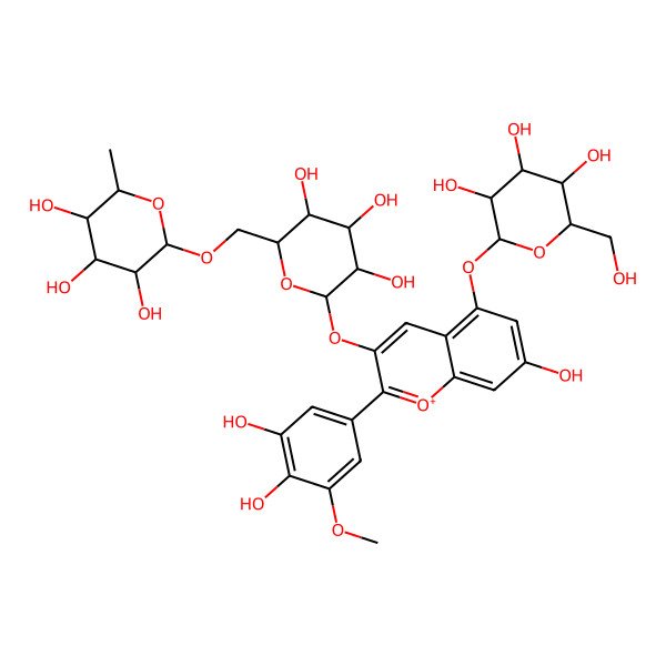 2D Structure of (2R,3R,4S,5R,6R)-2-[[(2R,3S,4R,5R,6S)-6-[2-(3,4-dihydroxy-5-methoxyphenyl)-7-hydroxy-5-[(2S,3S,4S,5S,6R)-3,4,5-trihydroxy-6-(hydroxymethyl)oxan-2-yl]oxychromenylium-3-yl]oxy-3,4,5-trihydroxyoxan-2-yl]methoxy]-6-methyloxane-3,4,5-triol