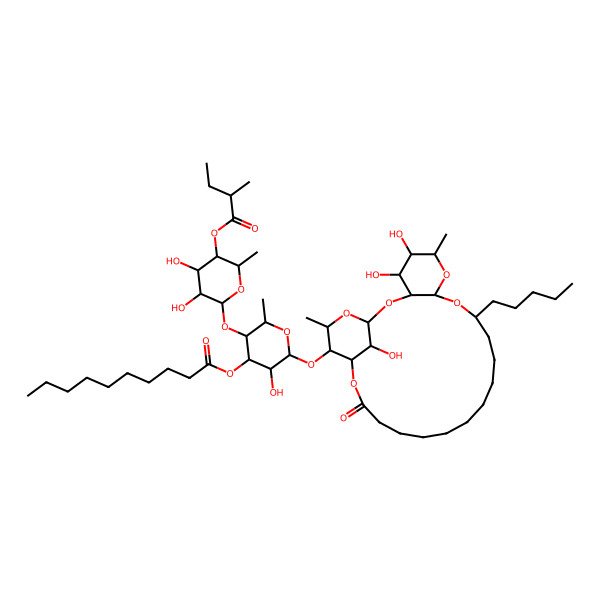 2D Structure of [3-[3,4-Dihydroxy-6-methyl-5-(2-methylbutanoyloxy)oxan-2-yl]oxy-5-hydroxy-2-methyl-6-[(4,5,26-trihydroxy-6,24-dimethyl-20-oxo-10-pentyl-2,7,9,21,25-pentaoxatricyclo[20.3.1.03,8]hexacosan-23-yl)oxy]oxan-4-yl] decanoate