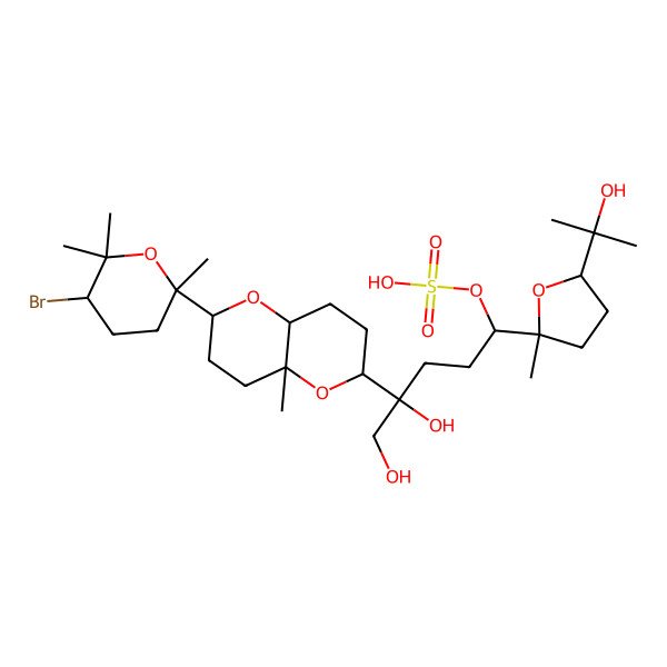 2D Structure of [(1S)-4-[(2R,4aS,6R,8aR)-2-[(2S,5R)-5-bromo-2,6,6-trimethyloxan-2-yl]-4a-methyl-3,4,6,7,8,8a-hexahydro-2H-pyrano[3,2-b]pyran-6-yl]-4,5-dihydroxy-1-[(2R,5R)-5-(2-hydroxypropan-2-yl)-2-methyloxolan-2-yl]pentyl] hydrogen sulfate