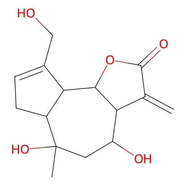 2D Structure of (3aR,4S,6R,6aR,9aR,9bR)-4,6-dihydroxy-9-(hydroxymethyl)-6-methyl-3-methylidene-4,5,6a,7,9a,9b-hexahydro-3aH-azuleno[4,5-b]furan-2-one